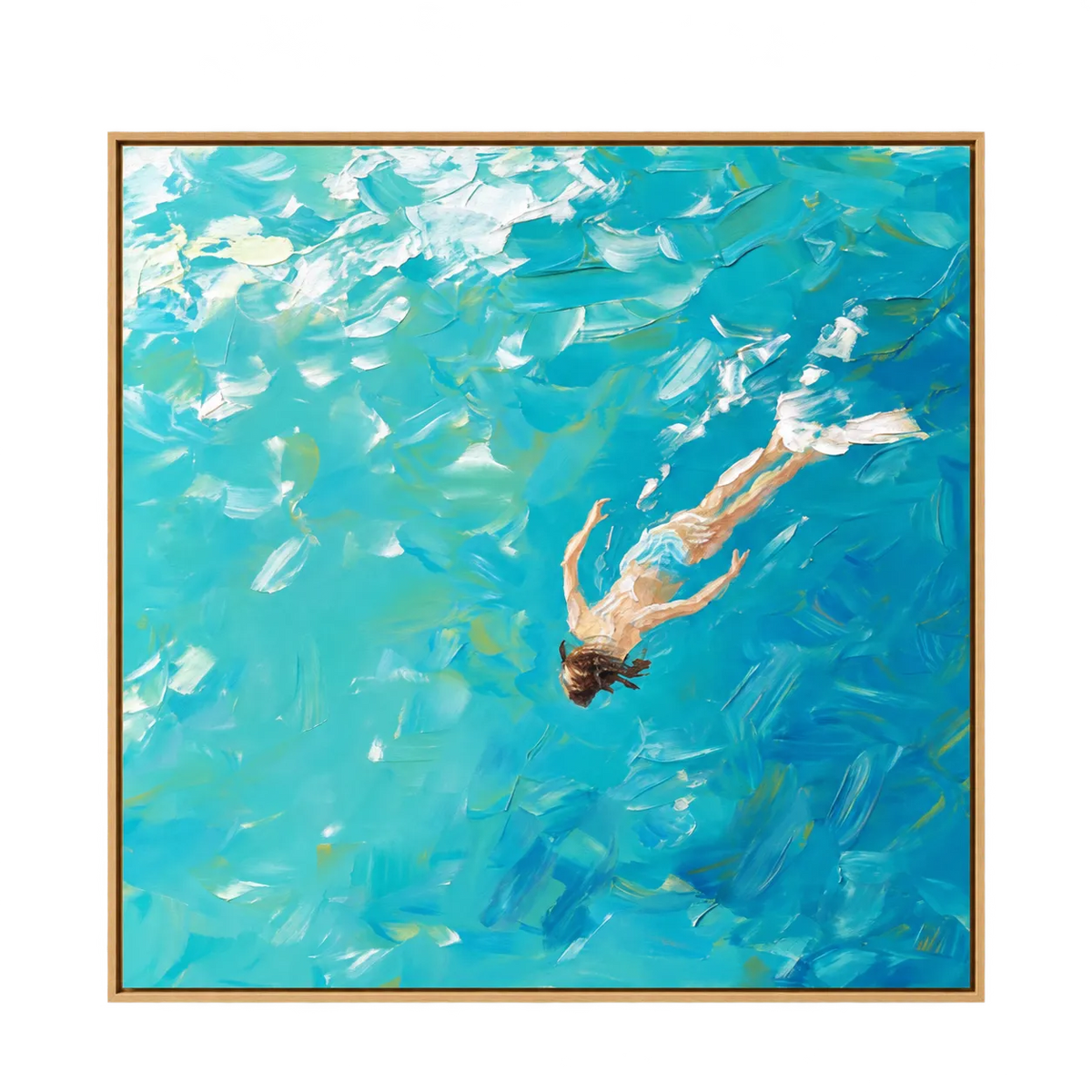 Abstract Oil Painting - Woman Diving into Turquoise Ocean Water