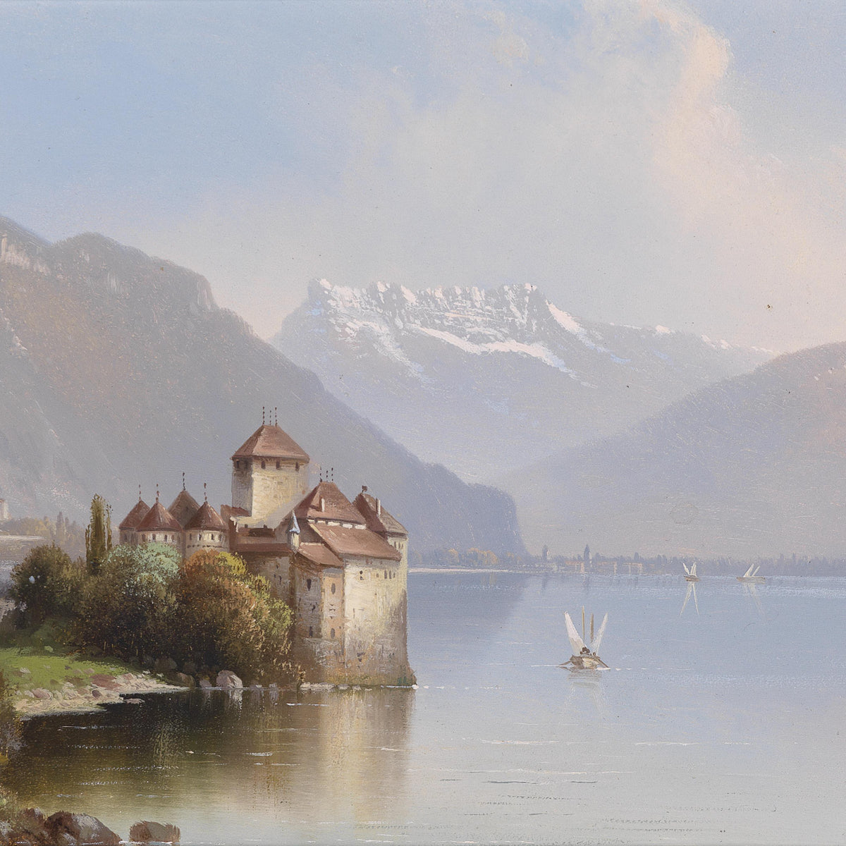 Lakeside Castle and Alpine Mountains | Hand-Painted Oil Painting