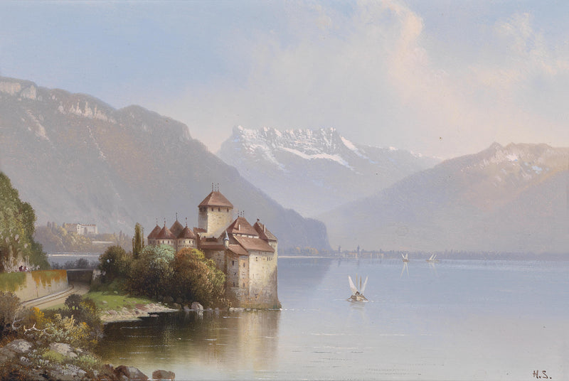 Lakeside Castle and Alpine Mountains | Hand-Painted Oil Painting