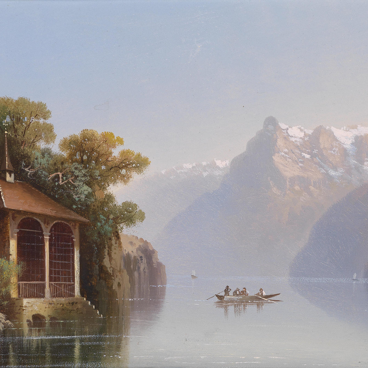 Lakeside Pavilion and Alps | Hand-Painted European Landscape Oil