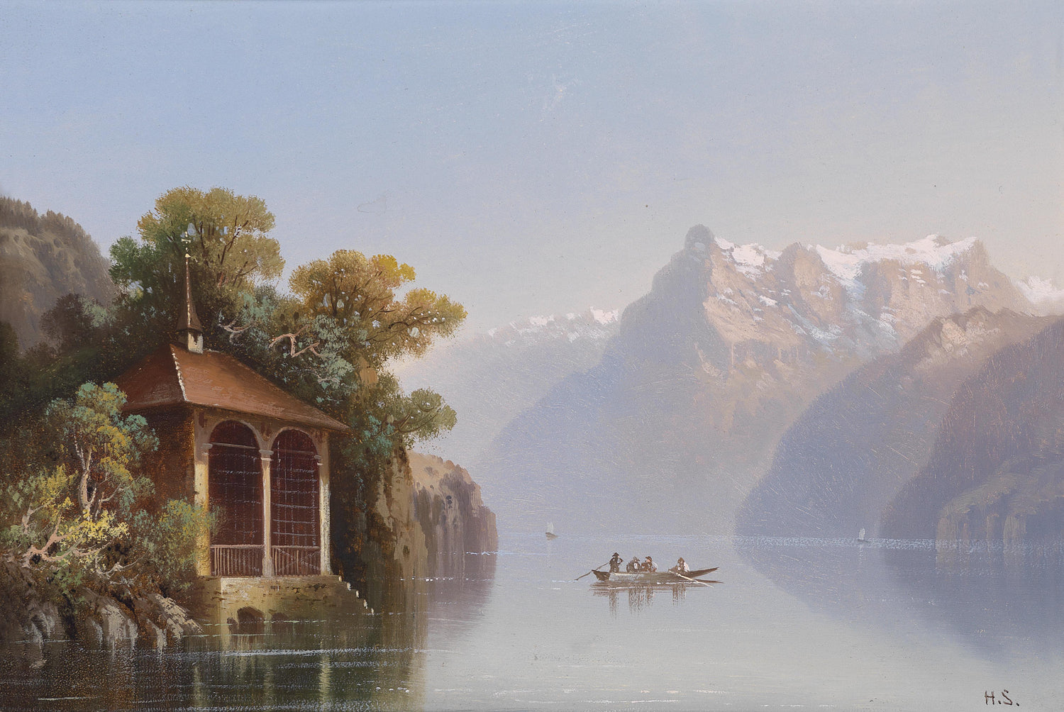 Lakeside Pavilion and Alps | Hand-Painted European Landscape Oil