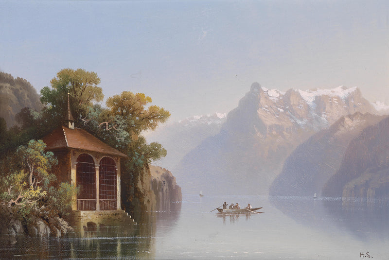 Lakeside Pavilion and Alps | Hand-Painted European Landscape Oil