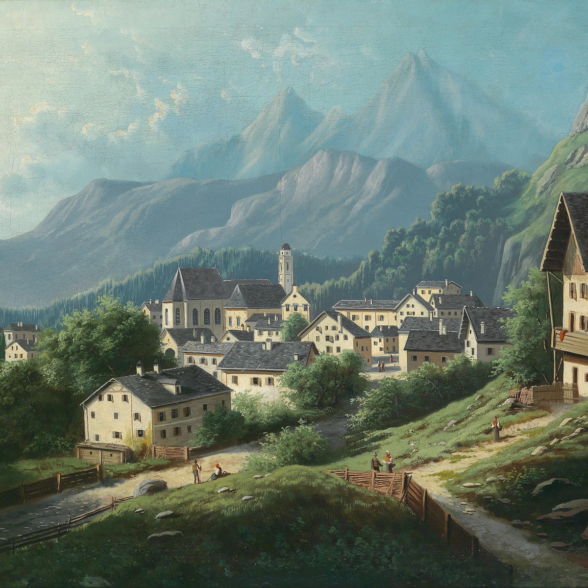 Alpine Village in the Mountains | Hand-Painted European Oil