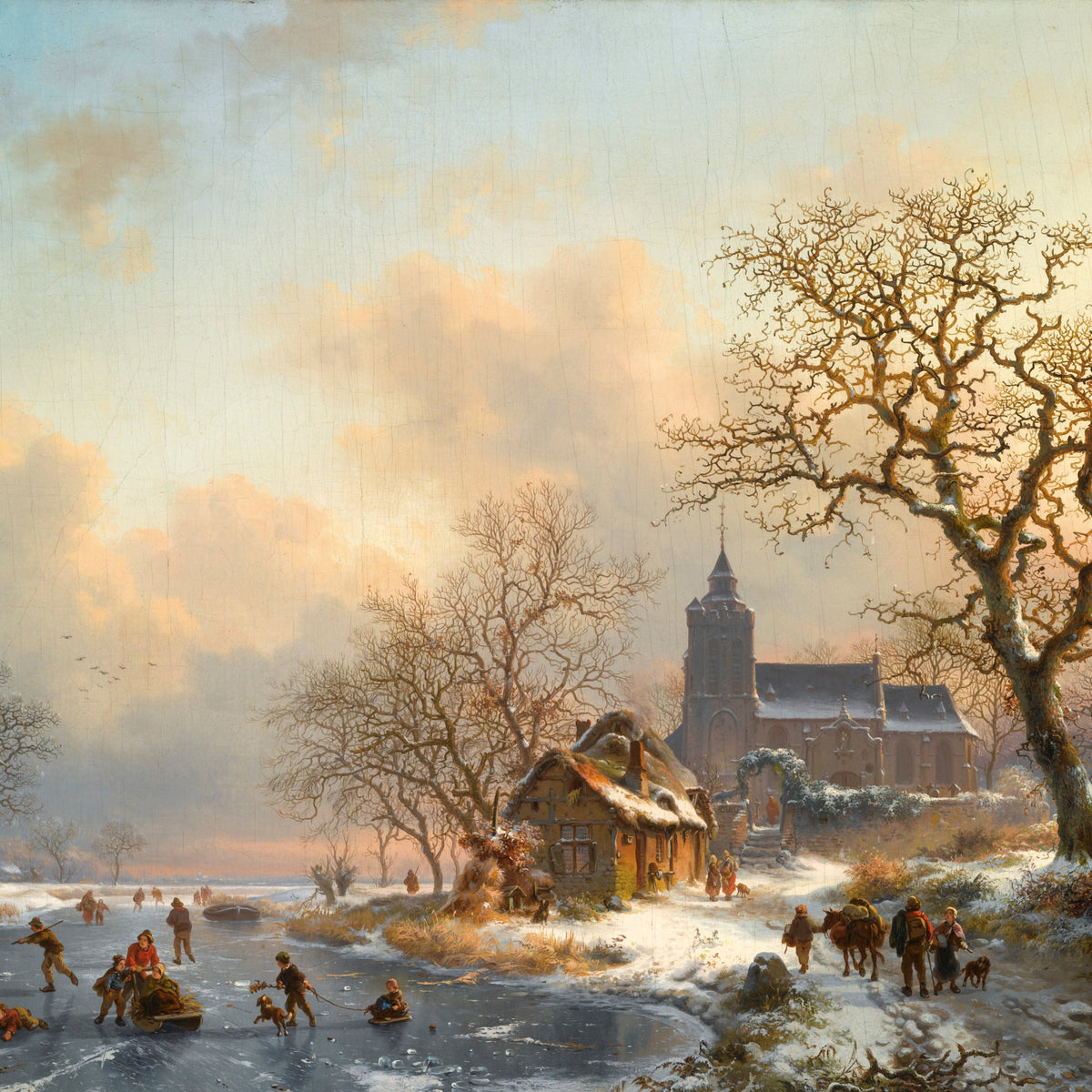 Winter Village by the Frozen River | Hand-Painted Oil Art