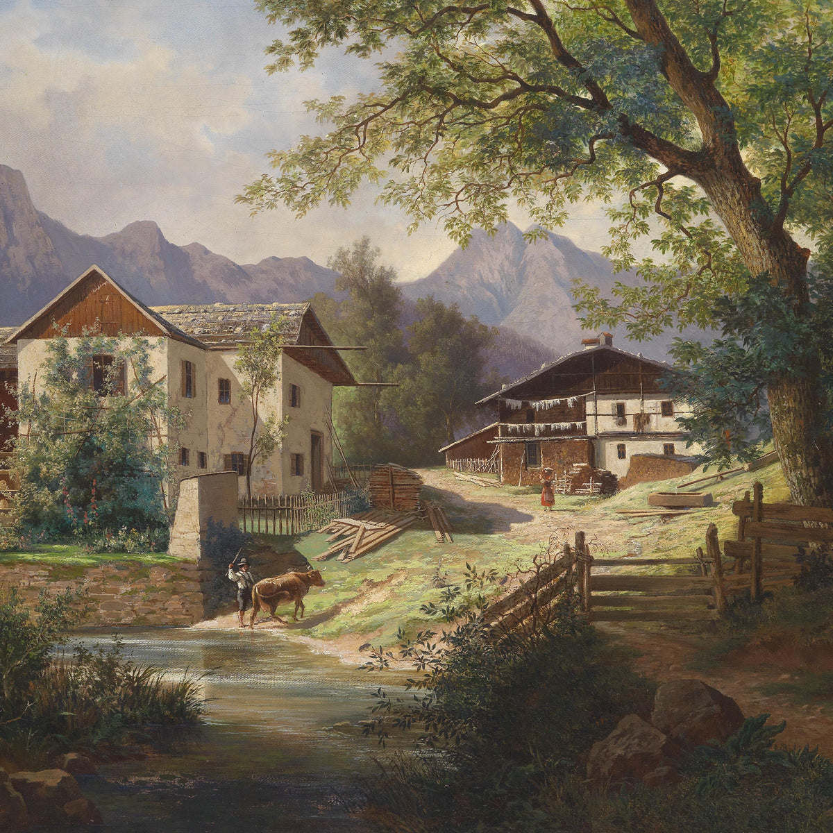 Alpine Village by the Stream | Hand-Painted Landscape Oil Art