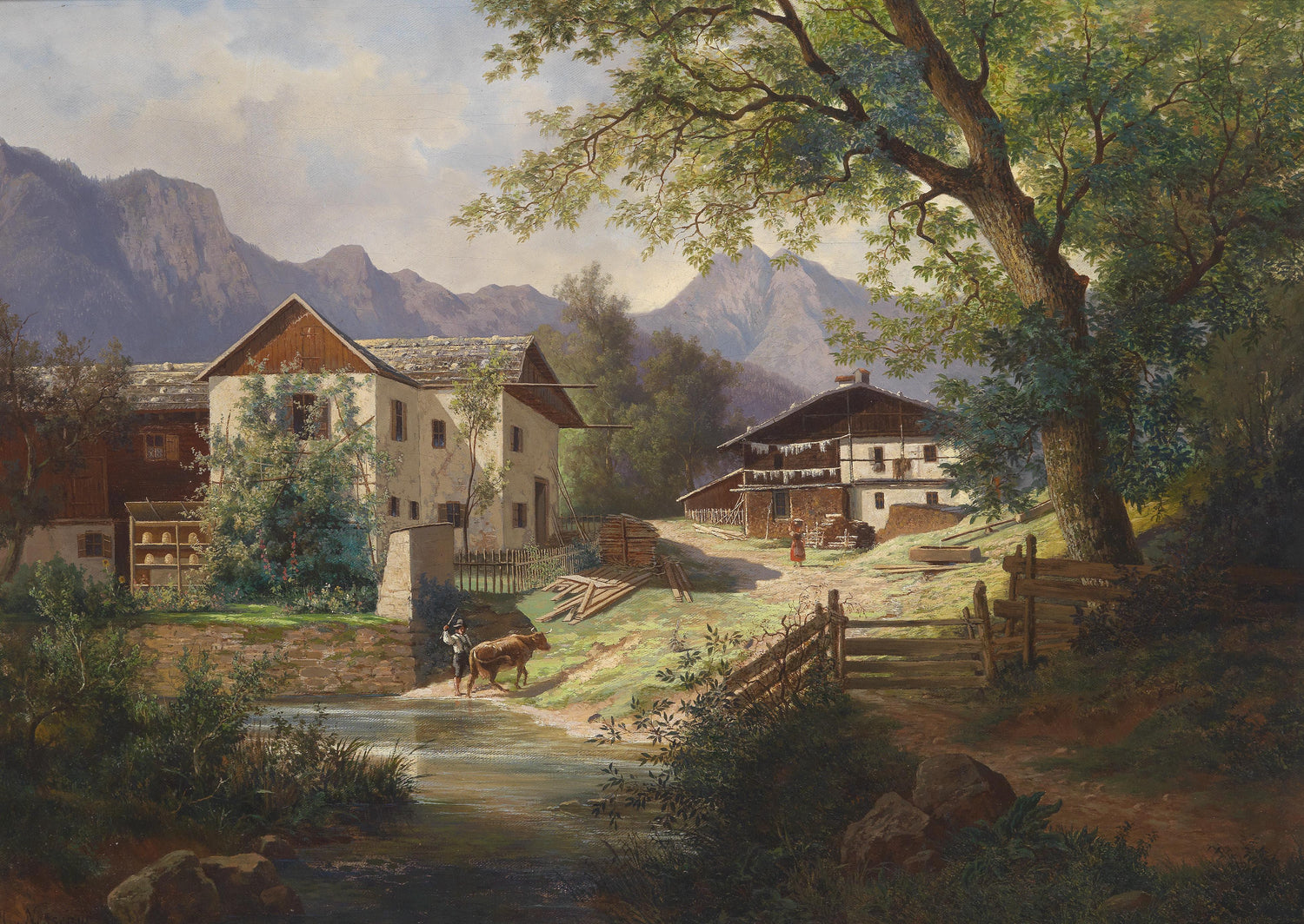Alpine Village by the Stream | Hand-Painted Landscape Oil Art