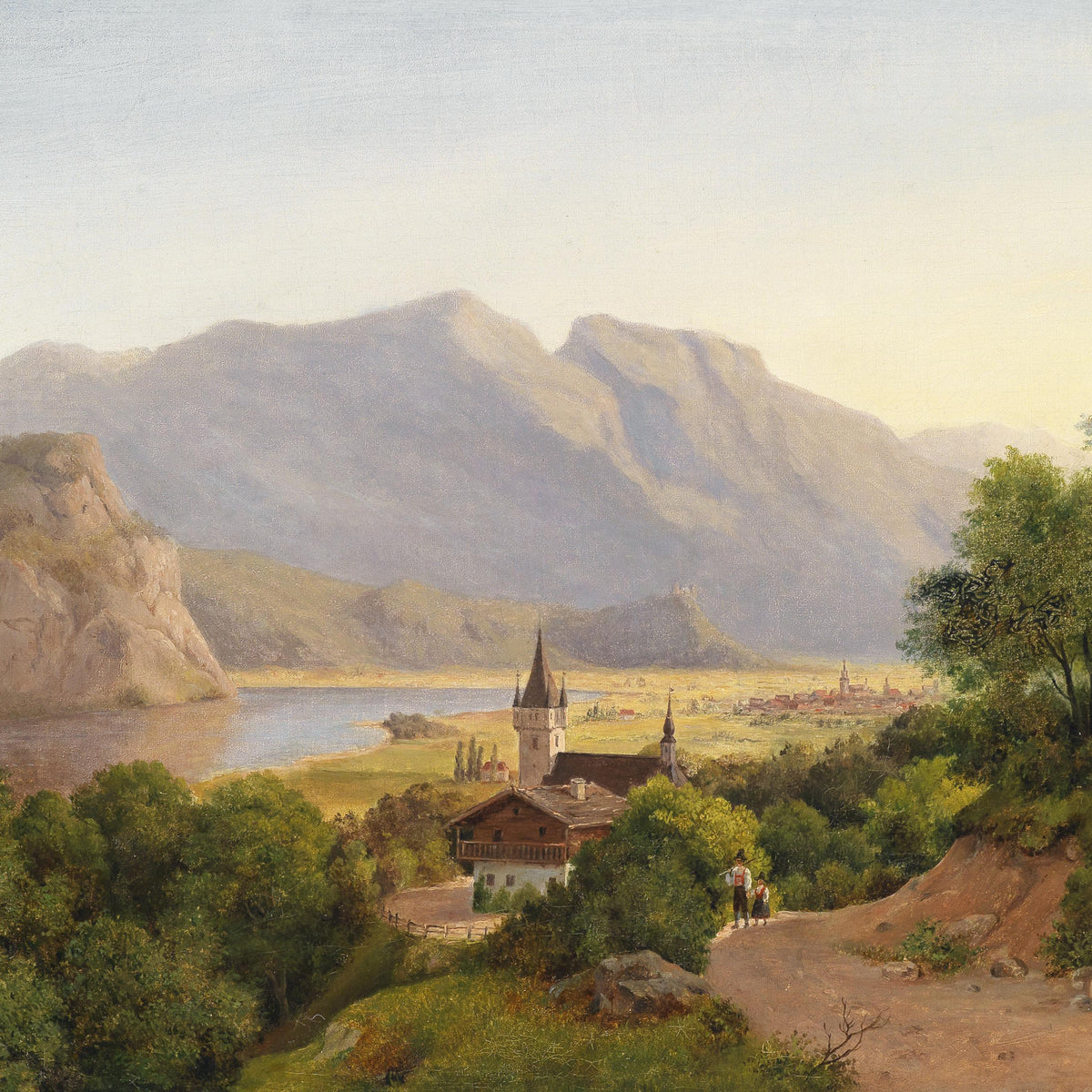 Mountain Lake Village View | Hand-Painted Landscape Oil Painting