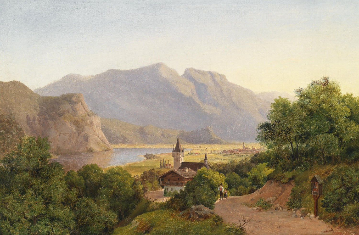 Mountain Lake Village View | Hand-Painted Landscape Oil Painting