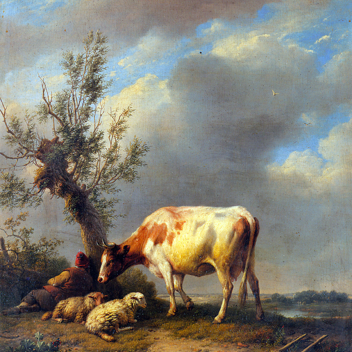 Landschaftsgemälde in Öl – Frühlingsfluss mit Fischer und Bäumen