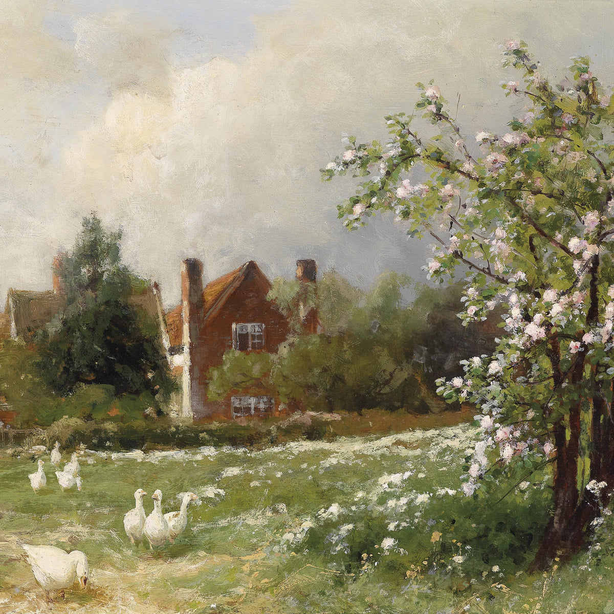 Springtime Farm with Blossom Tree | Hand-Painted Landscape Oil Painting