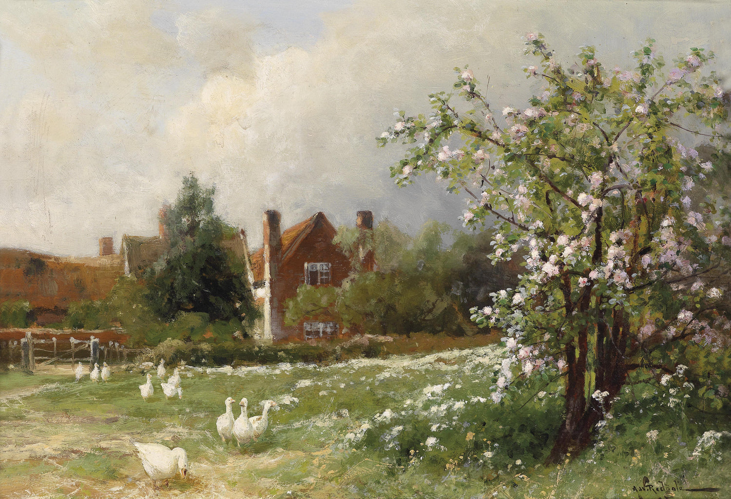 Springtime Farm with Blossom Tree | Hand-Painted Landscape Oil Painting