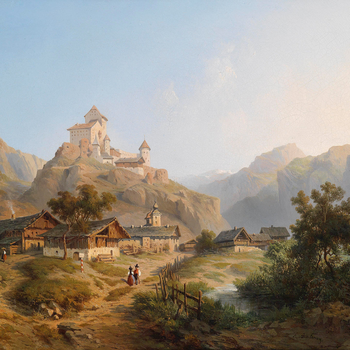 Mountain Village with Castle | Hand-Painted European Landscape Oil Painting
