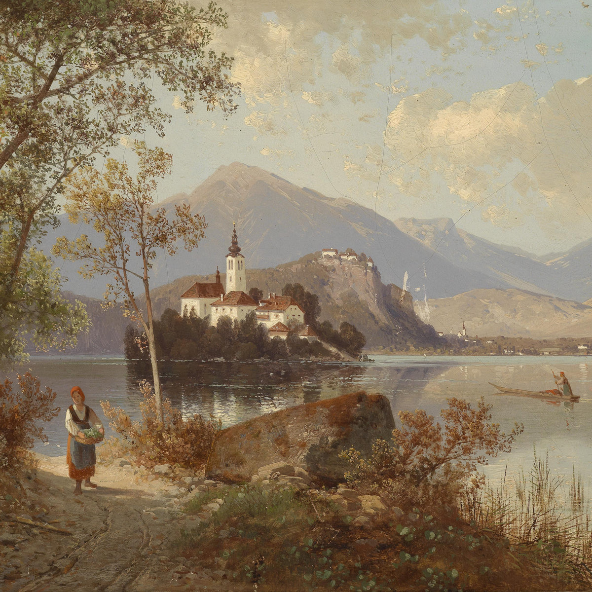 European Lakeside Village | Hand-Painted Landscape Oil Painting