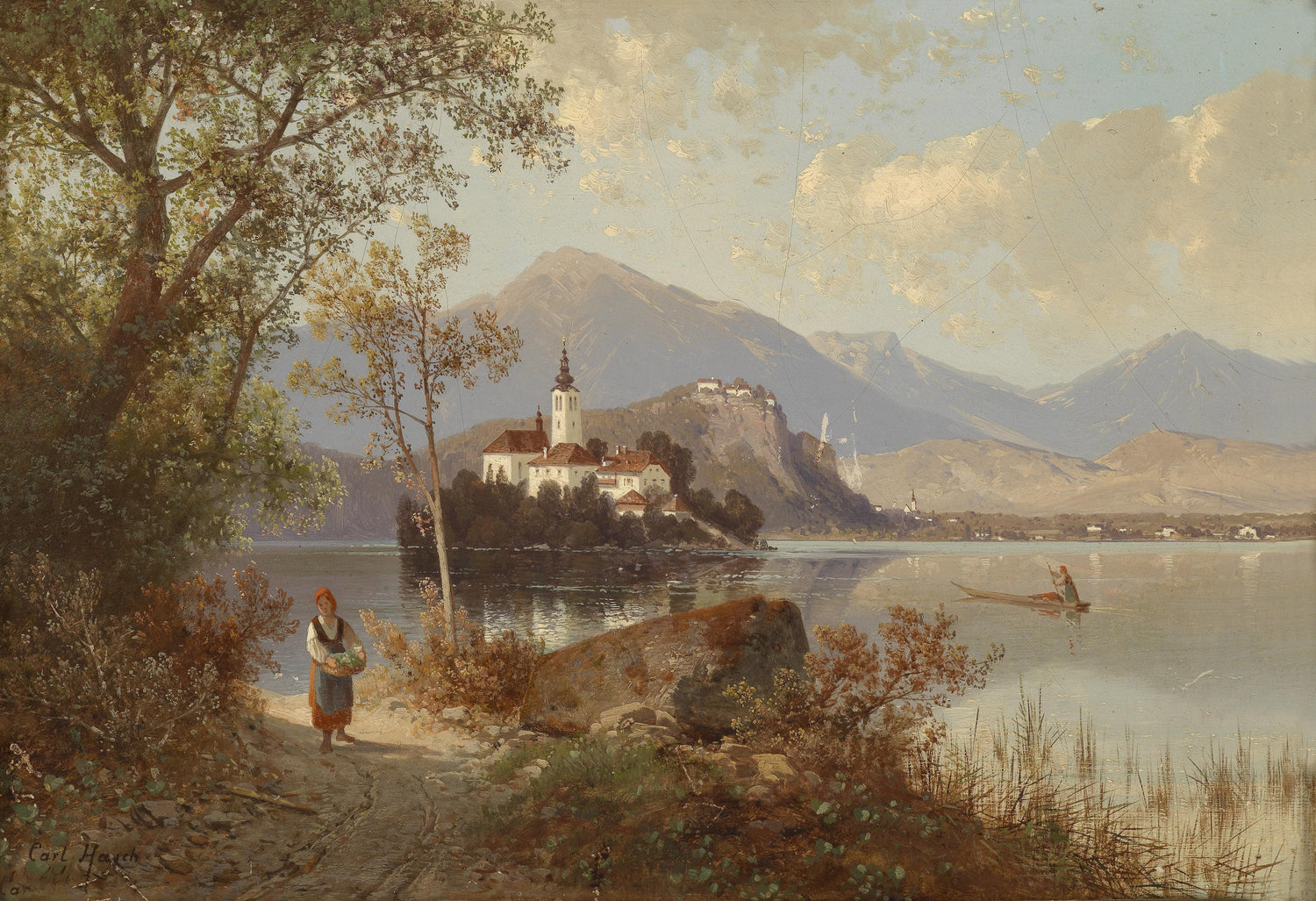 European Lakeside Village | Hand-Painted Landscape Oil Painting