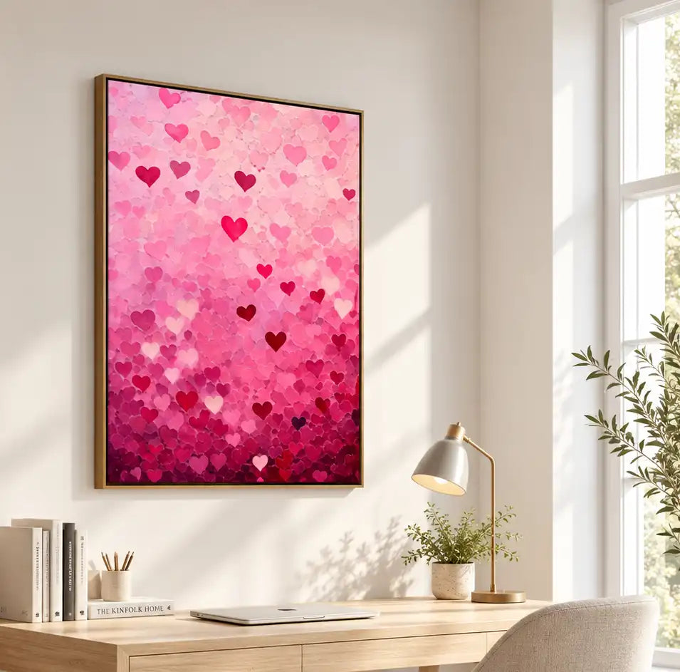 Peinture à l’huile – Cœurs roses romantiques aux dégradés texturés