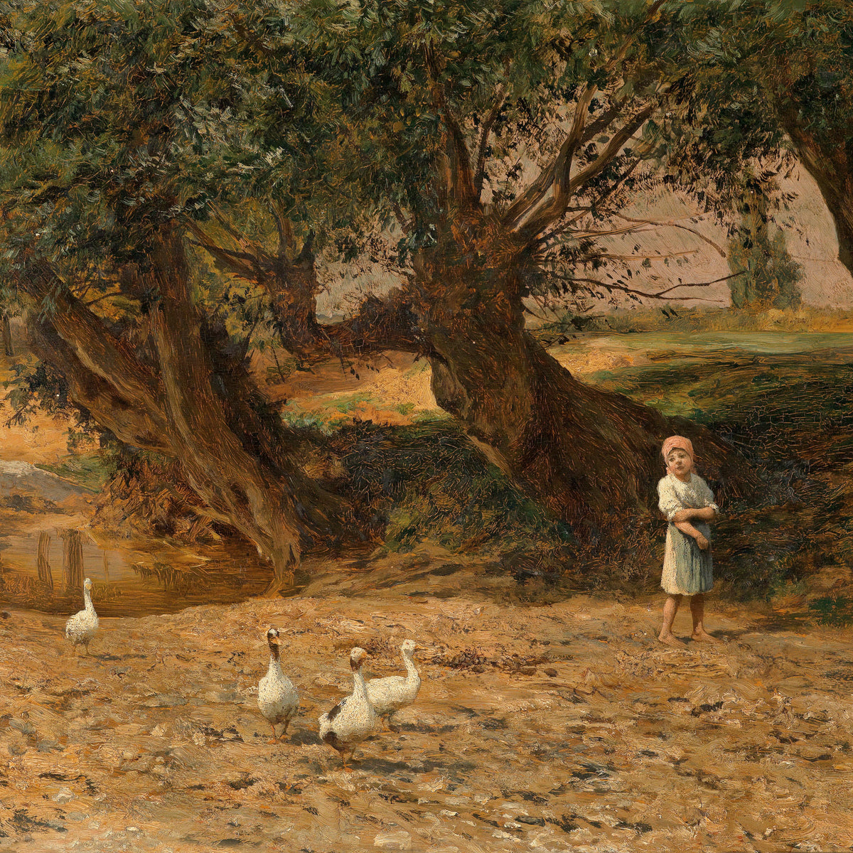 Landscape Oil Painting - Rural with Girl & Geese, Ancient Trees, Puddle