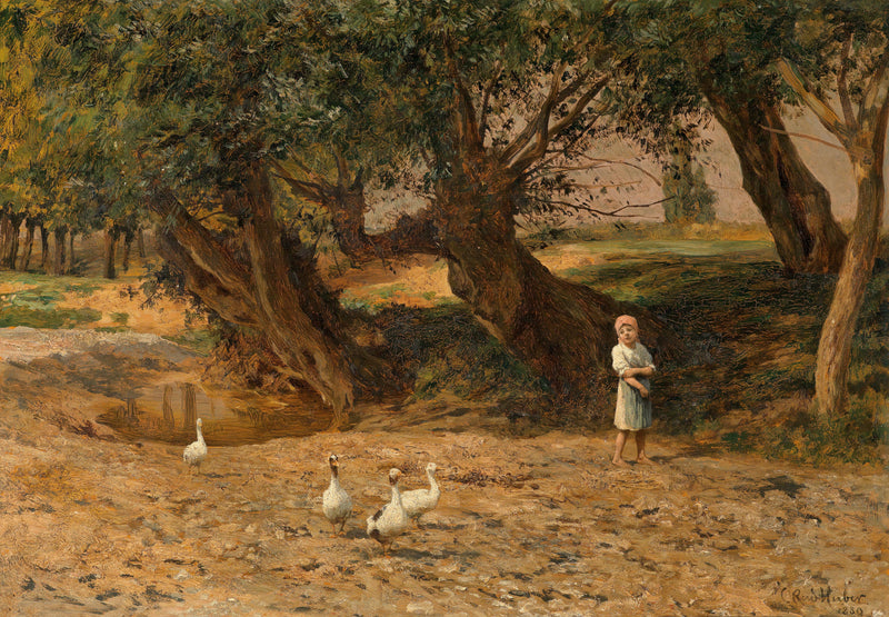 Landscape Oil Painting - Rural with Girl & Geese, Ancient Trees, Puddle