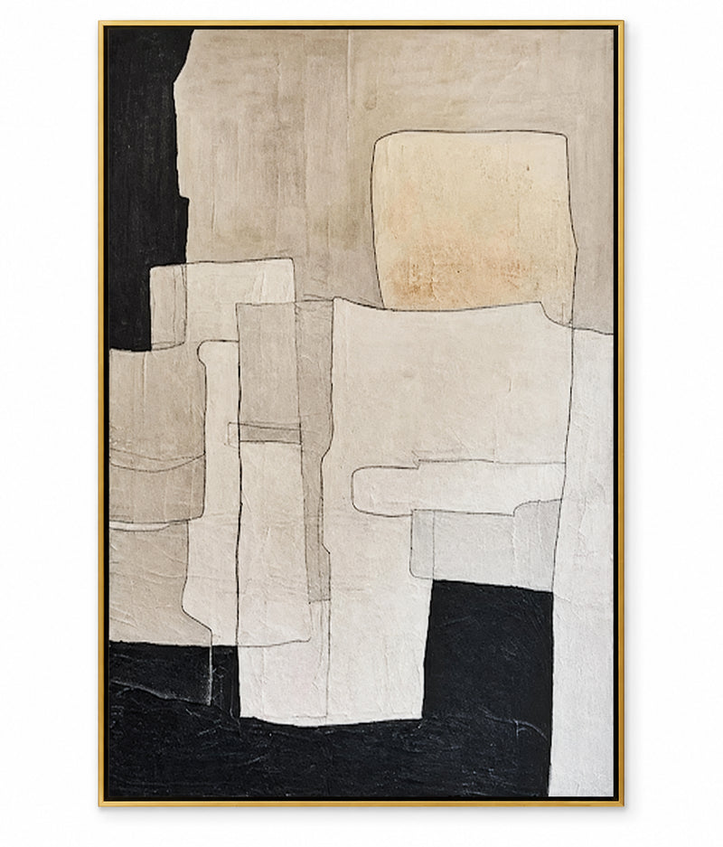 Abstract Oil Painting - Neutral Geometric Forms in Black and Beige