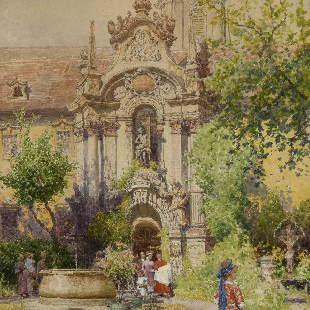 European Church Courtyard | Hand-Painted Architectural Oil Painting