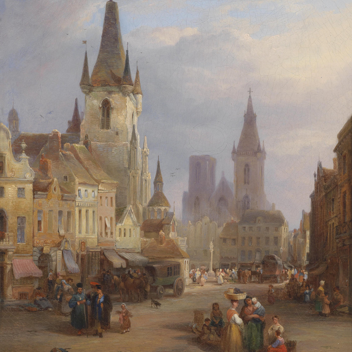 European Old Town Market Street | Hand-Painted Cityscape Oil Painting
