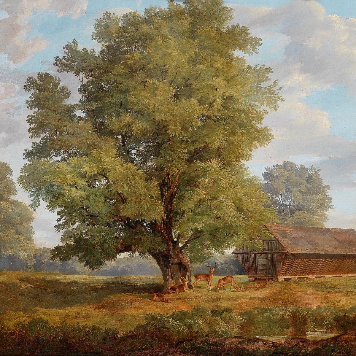 Landscape Oil Painting -Rural, Large Tree, Deer Herd & Wooden Hut