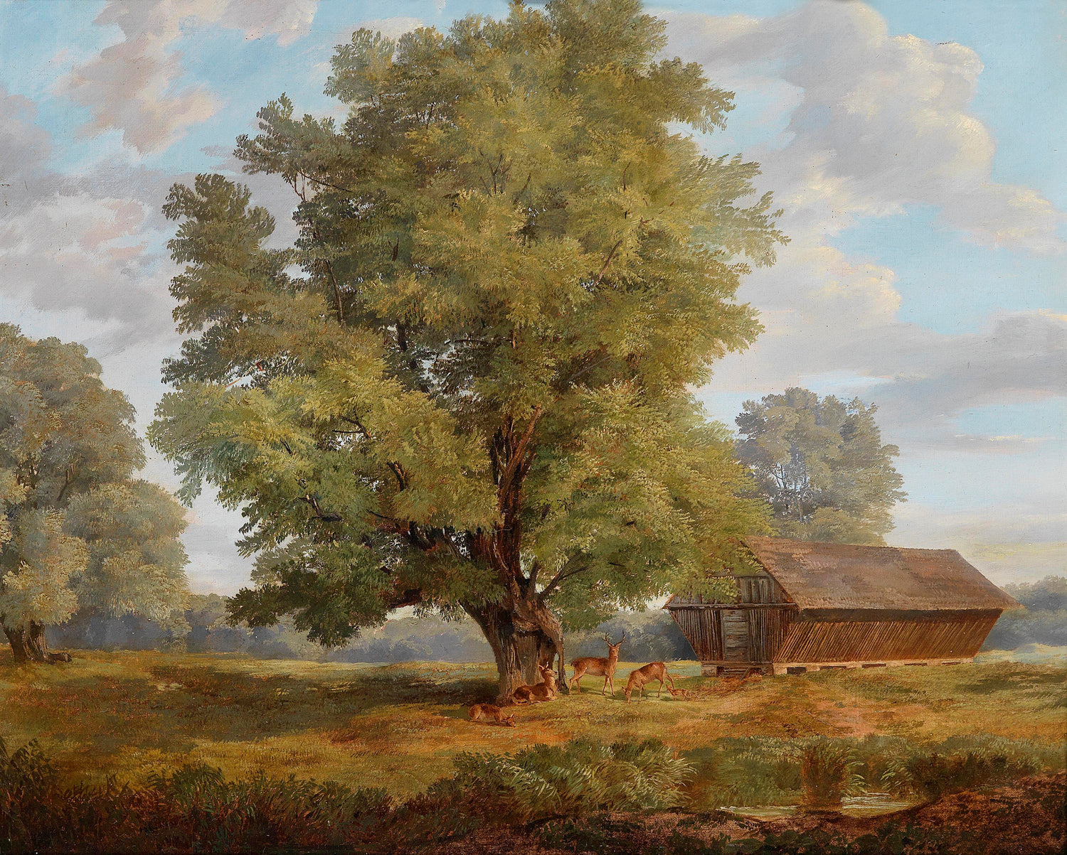 Landscape Oil Painting -Rural, Large Tree, Deer Herd & Wooden Hut