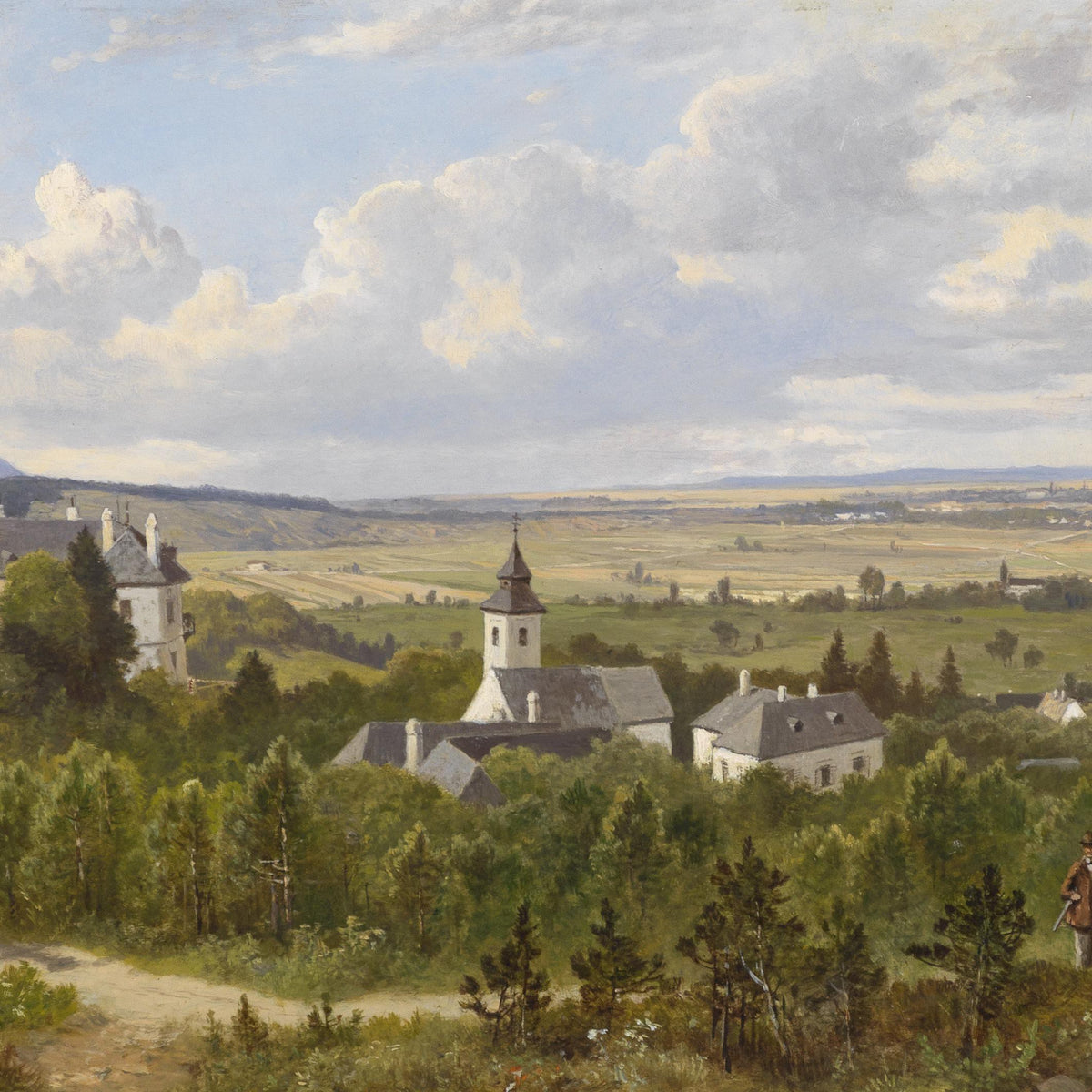 Landscape Oil Painting - Rural, Tower, Village & Figures on Path