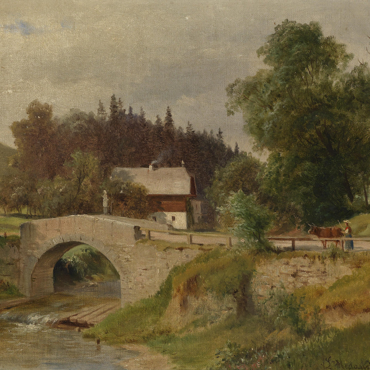 Landscape Oil Painting - Rural Stone Bridge, Cottage & Figure with Cow