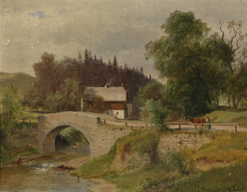 Landscape Oil Painting - Rural Stone Bridge, Cottage & Figure with Cow