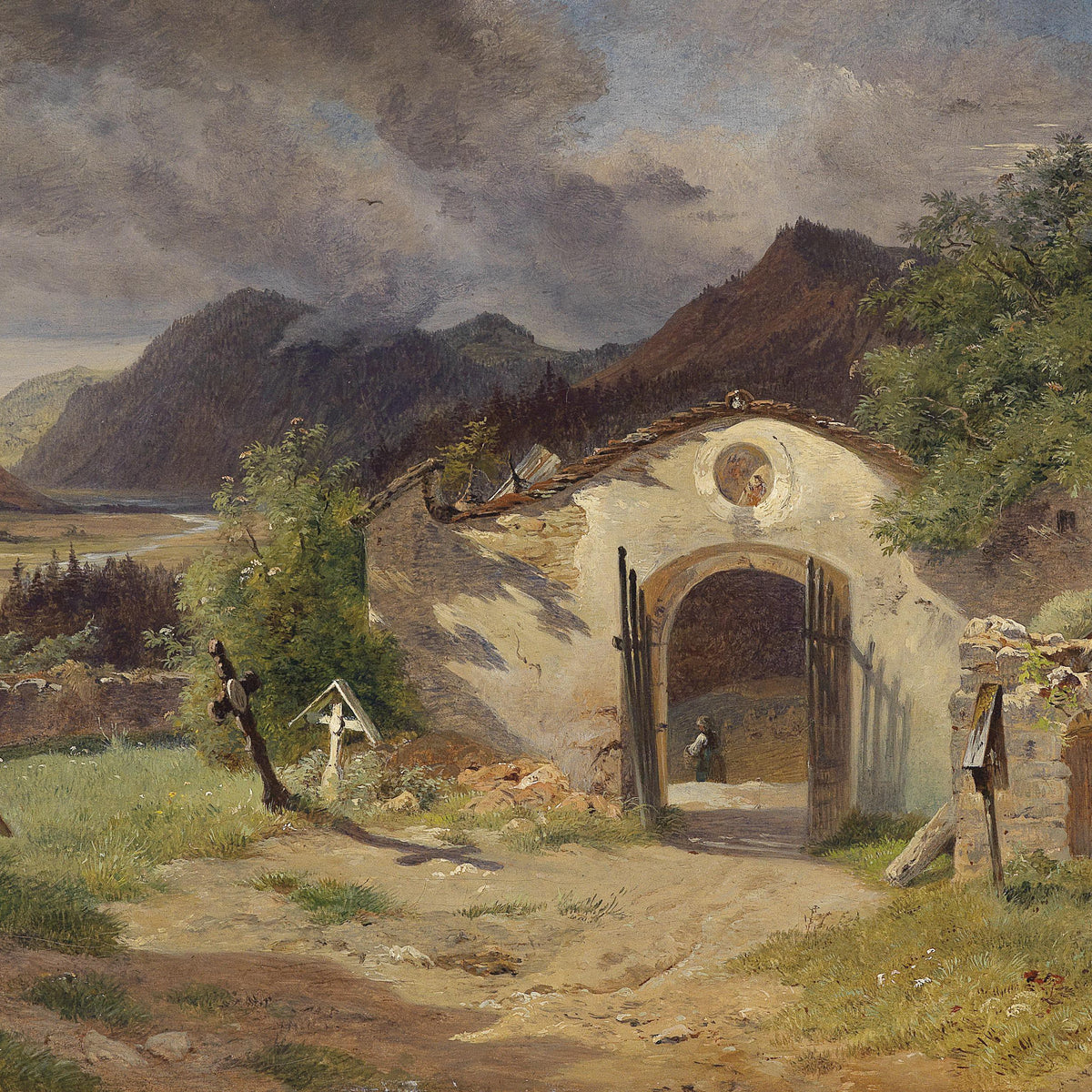 Landscape Oil Painting - Rural Old Building, Arched Gate, Crosses