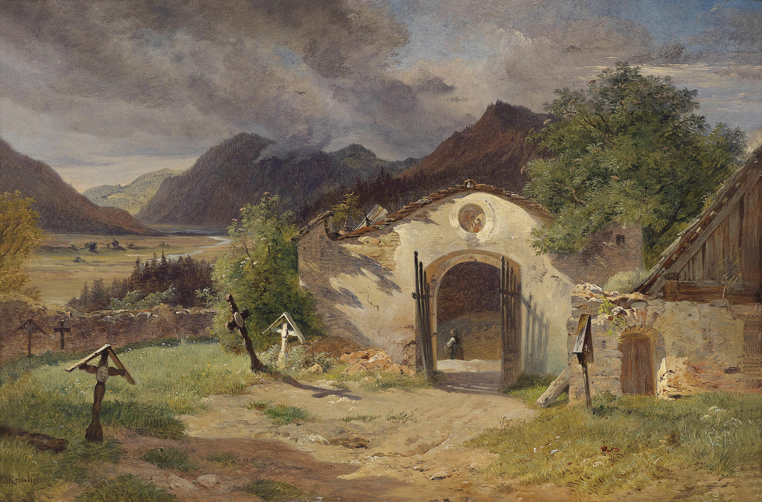 Landscape Oil Painting - Rural Old Building, Arched Gate, Crosses