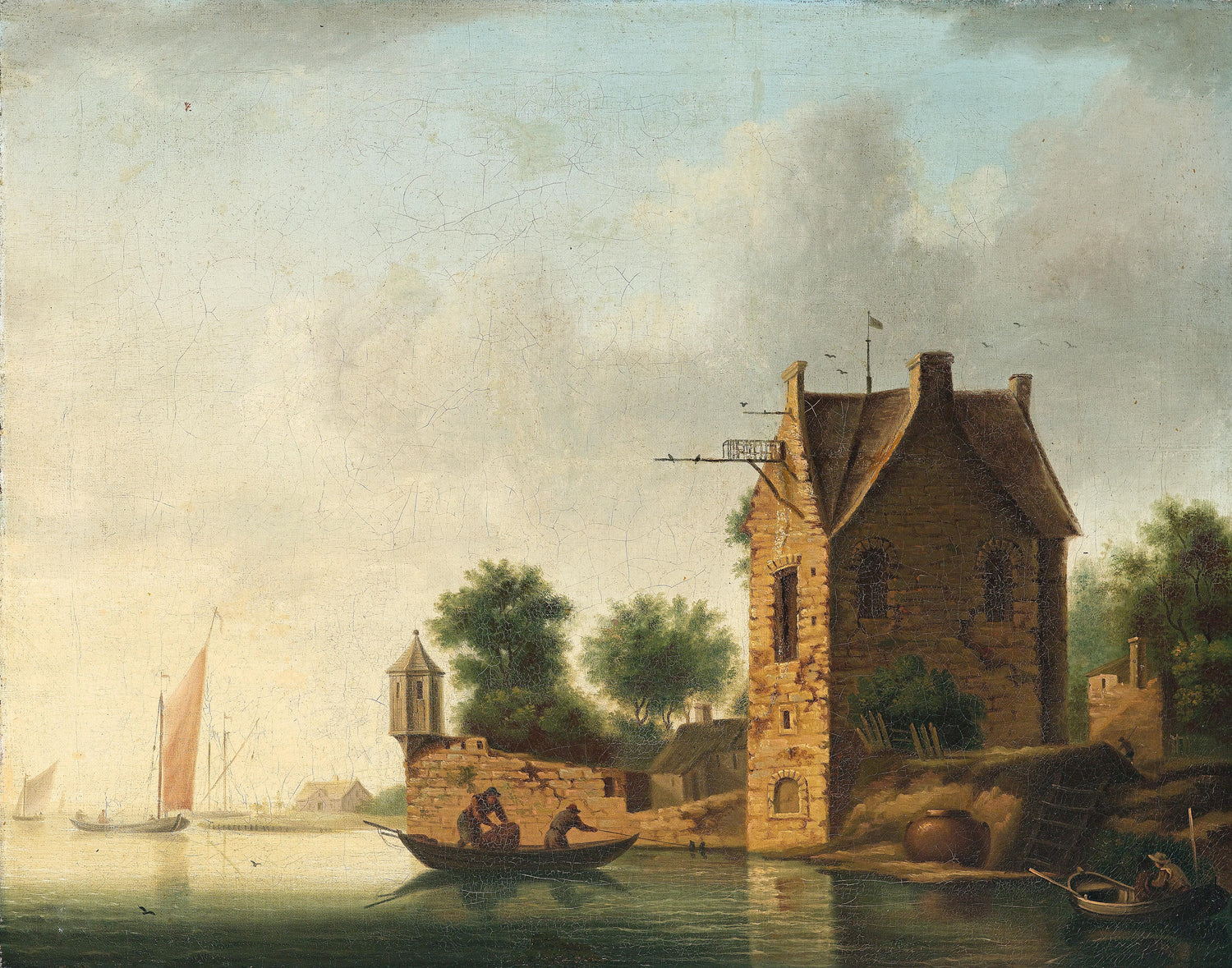 Landscape Oil Painting - Riverside Stone Building & Sailships