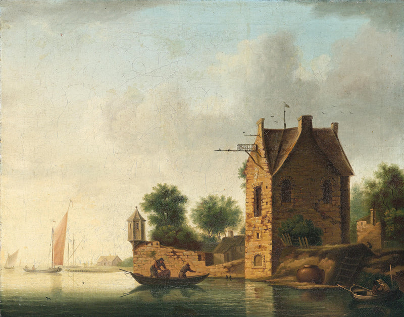 Landscape Oil Painting - Riverside Stone Building & Sailships