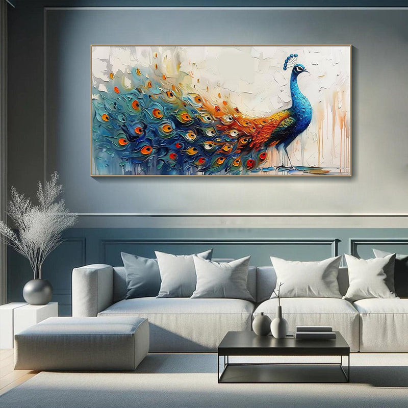 Abstract Oil Painting - Colorful Peacock with Textured Feathers
