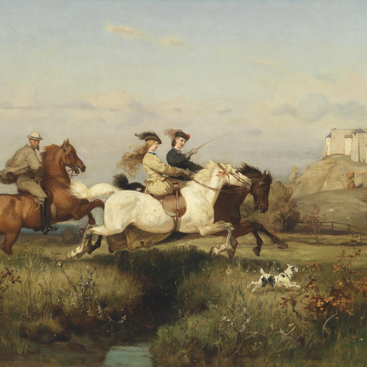 Landscape Oil Painting - Horseback Riders, Dog & Hilltop Castle