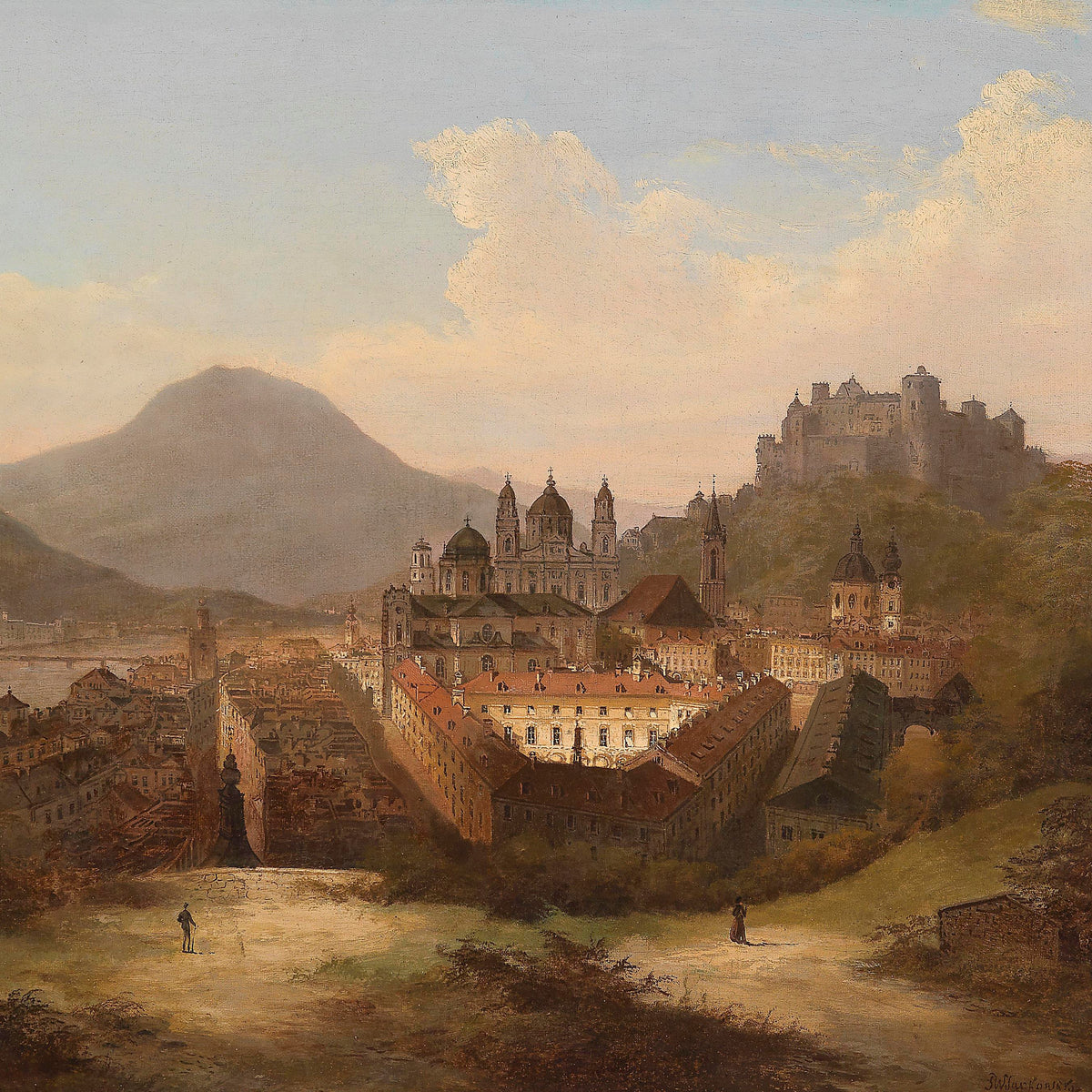 Landscape Oil Painting - Historic Cityscape & Hilltop Castle, Churches