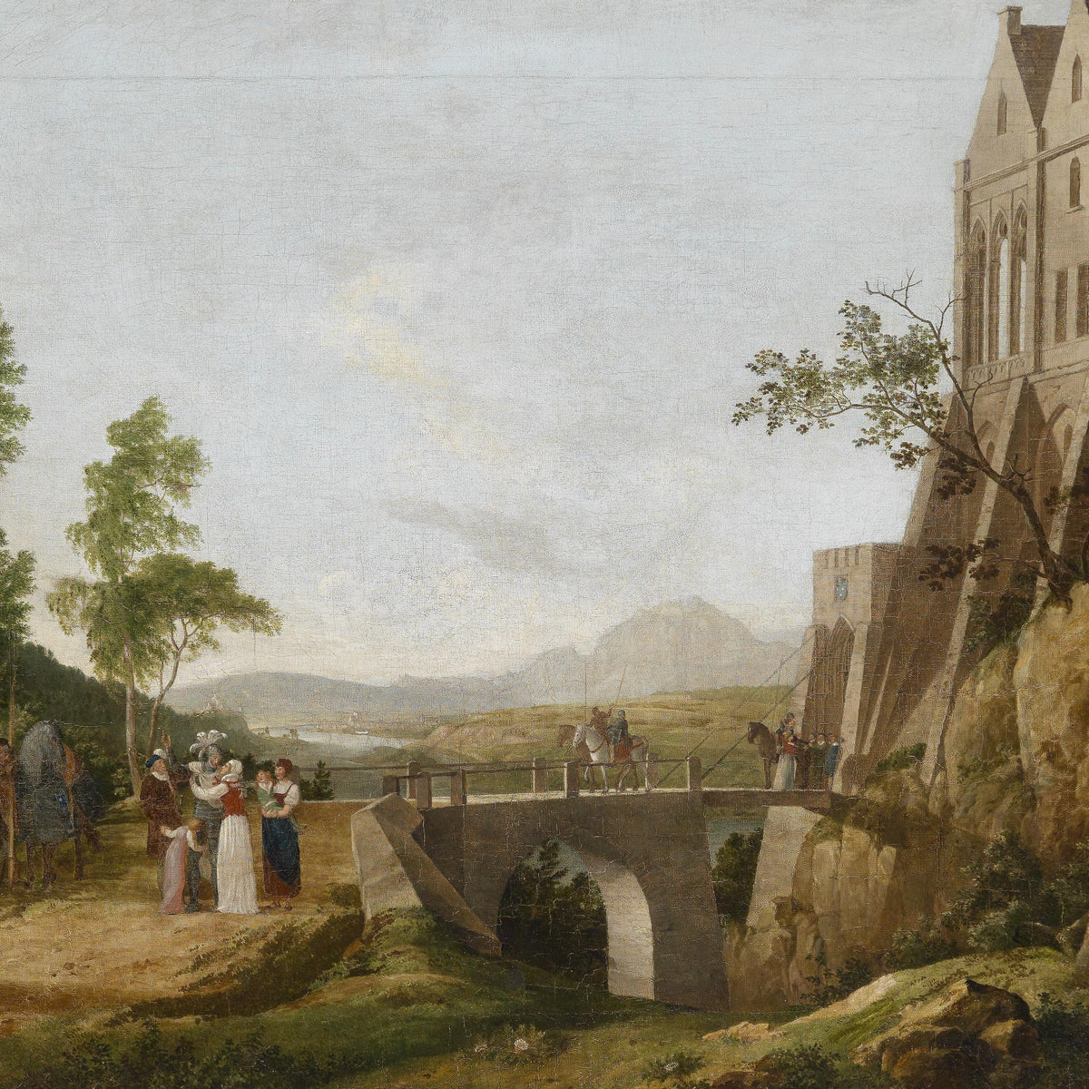 Landscape Oil Painting - Stone Bridge & Cliff Building, Crowds, Horses