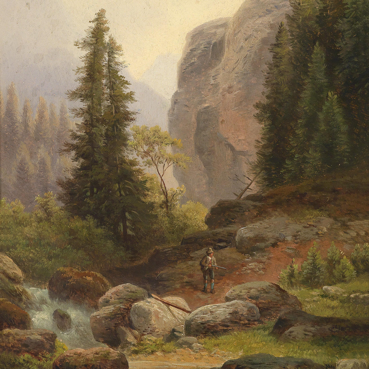 Landscape Oil Painting - Mountain Gorge, Stream & Pine-Filled Rocks