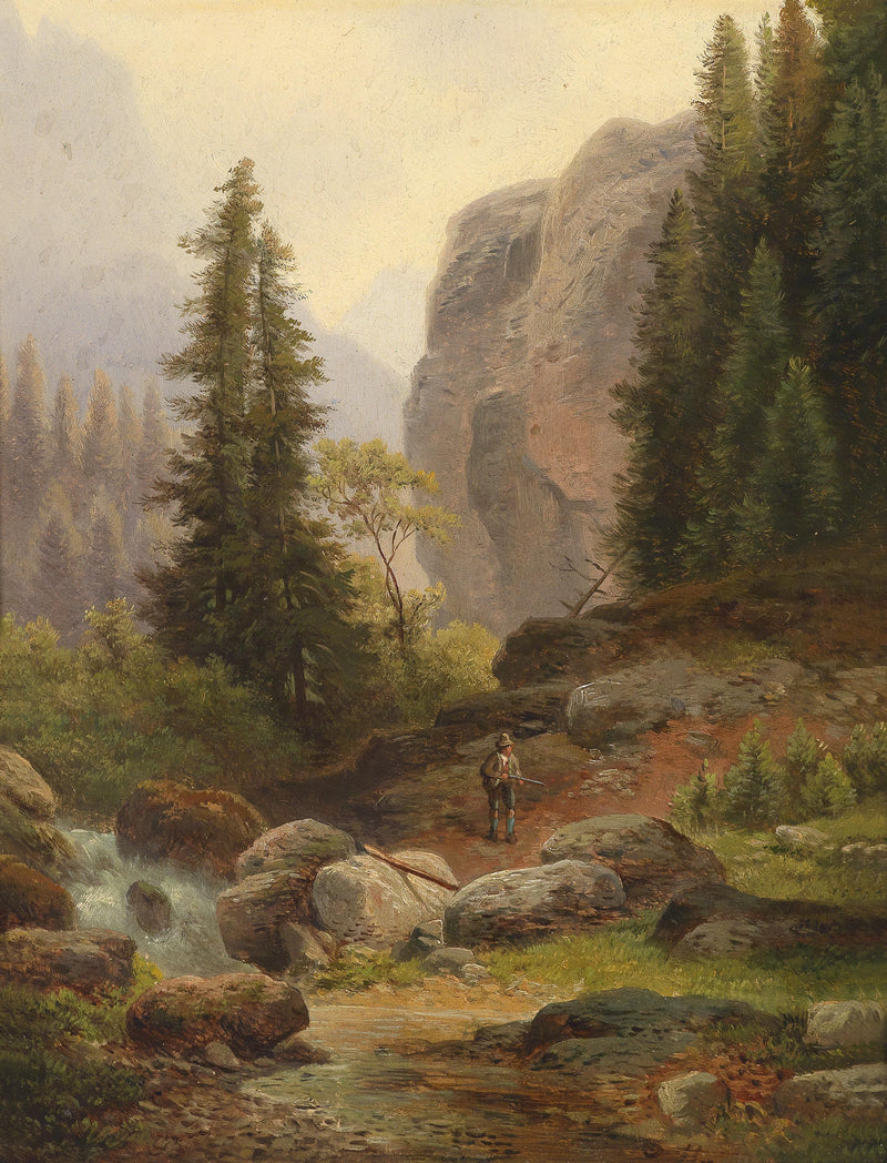 Landscape Oil Painting - Mountain Gorge, Stream & Pine-Filled Rocks