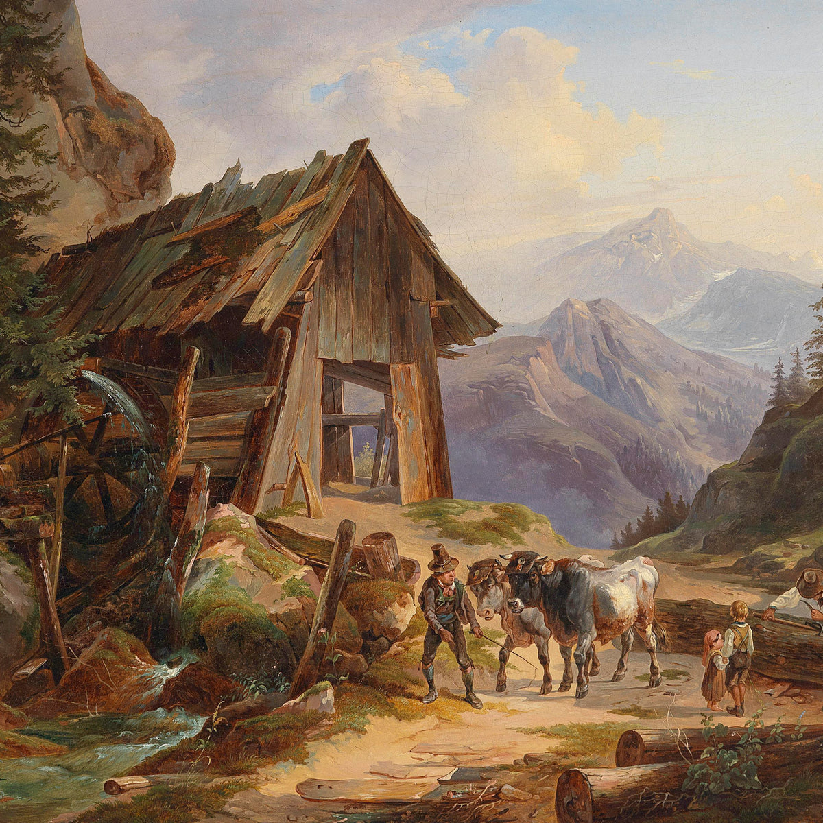 Landscape Oil Painting - Mountain Watermill & Figures, Cows, Rustic Cabin