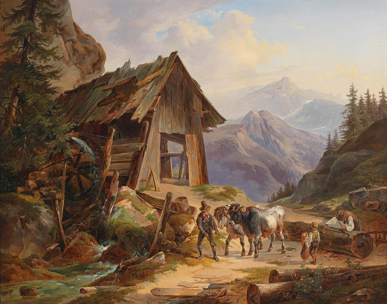 Landscape Oil Painting - Mountain Watermill & Figures, Cows, Rustic Cabin