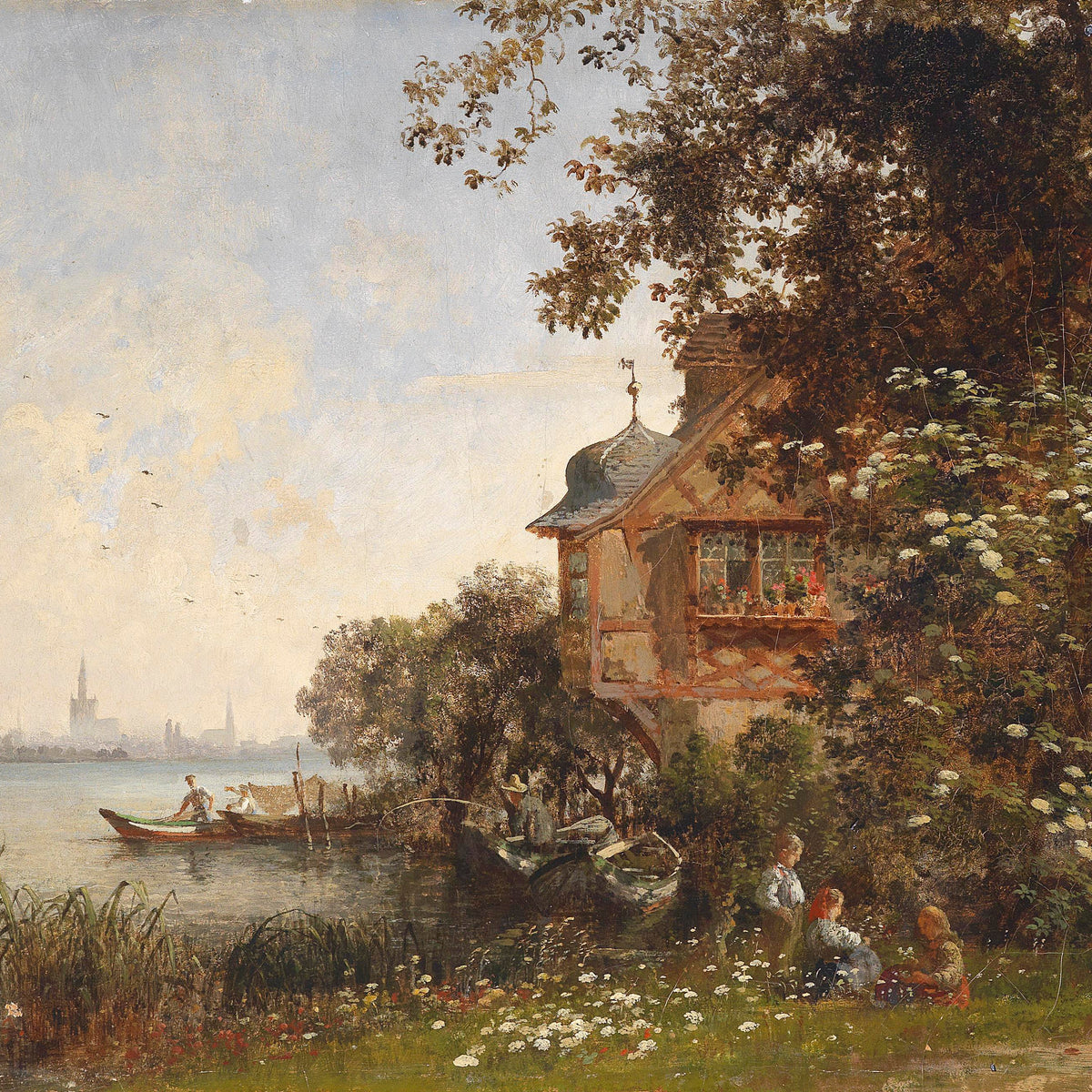 Landscape Oil Painting - Lakefront Cottage, Children, Boats & City Spires