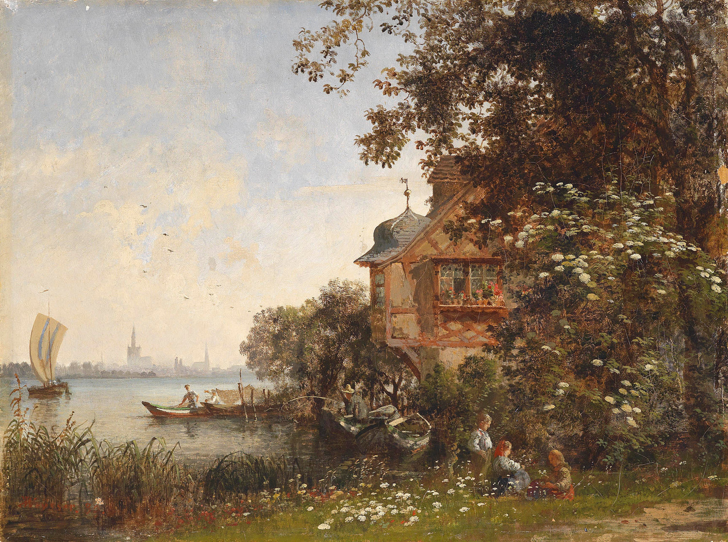 Landscape Oil Painting - Lakefront Cottage, Children, Boats & City Spires