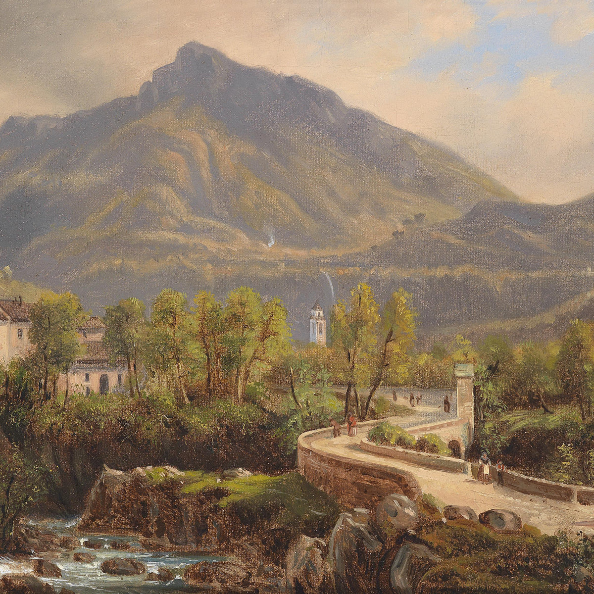 Landscape Oil Painting - Mountain Village, Stone Bridge, Stream & Peaks