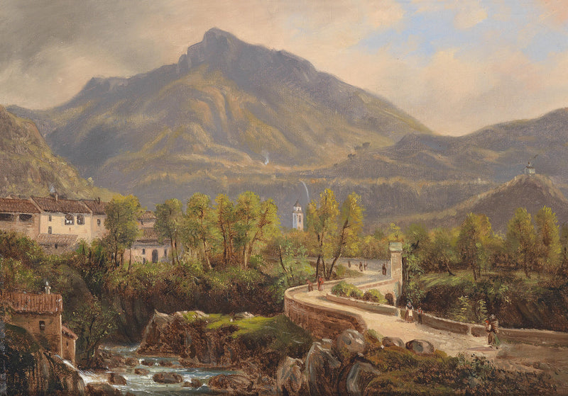 Landscape Oil Painting - Mountain Village, Stone Bridge, Stream & Peaks