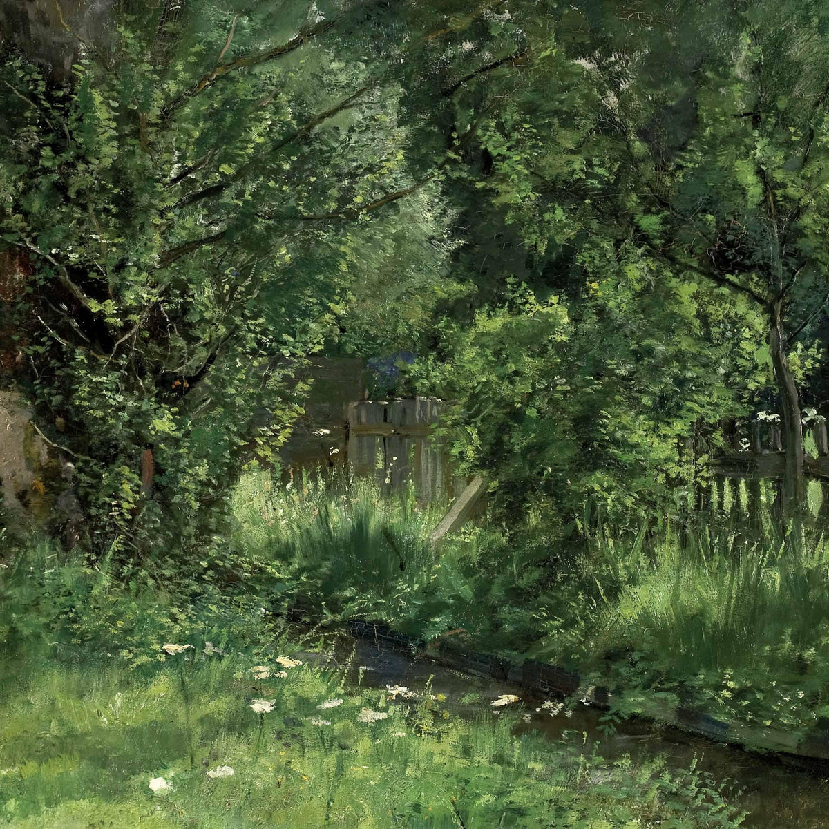 Landscape Oil Painting - Green Garden, Large Tree, Wooden Fence & Stream