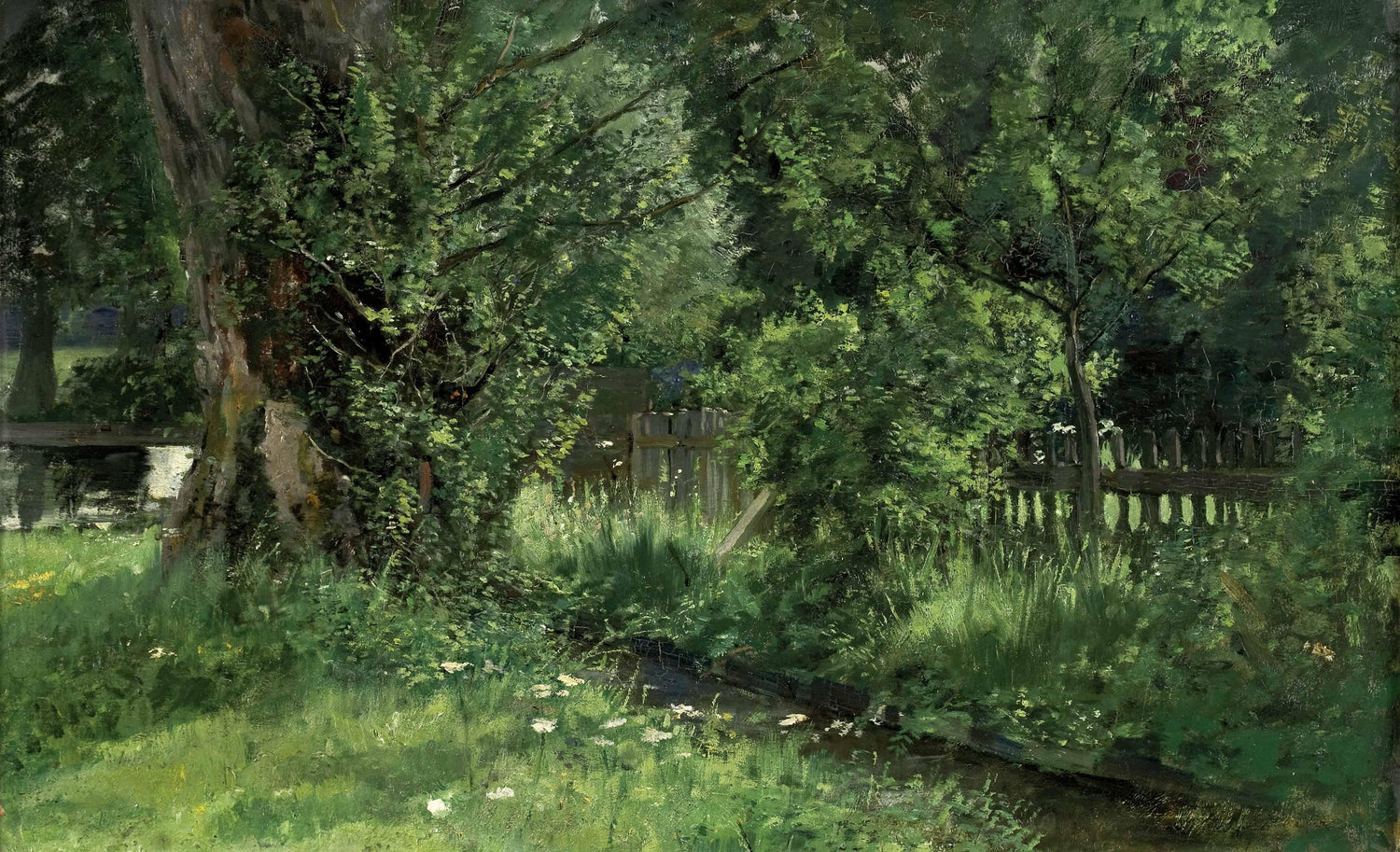 Landscape Oil Painting - Green Garden, Large Tree, Wooden Fence & Stream