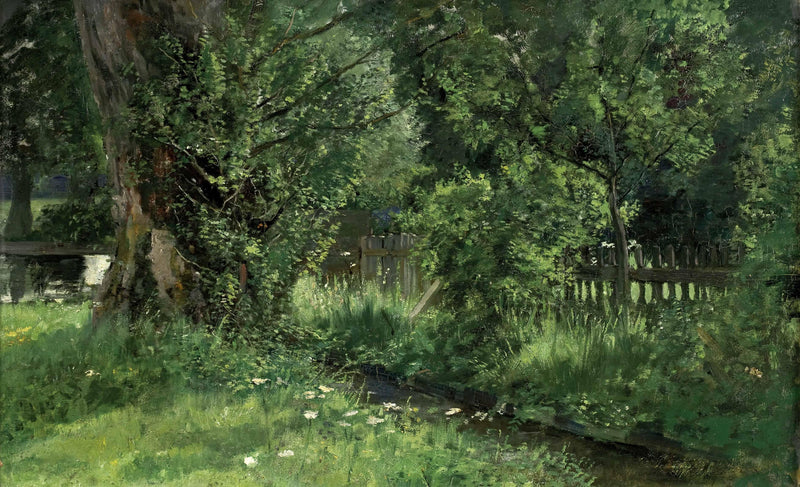Landscape Oil Painting - Green Garden, Large Tree, Wooden Fence & Stream