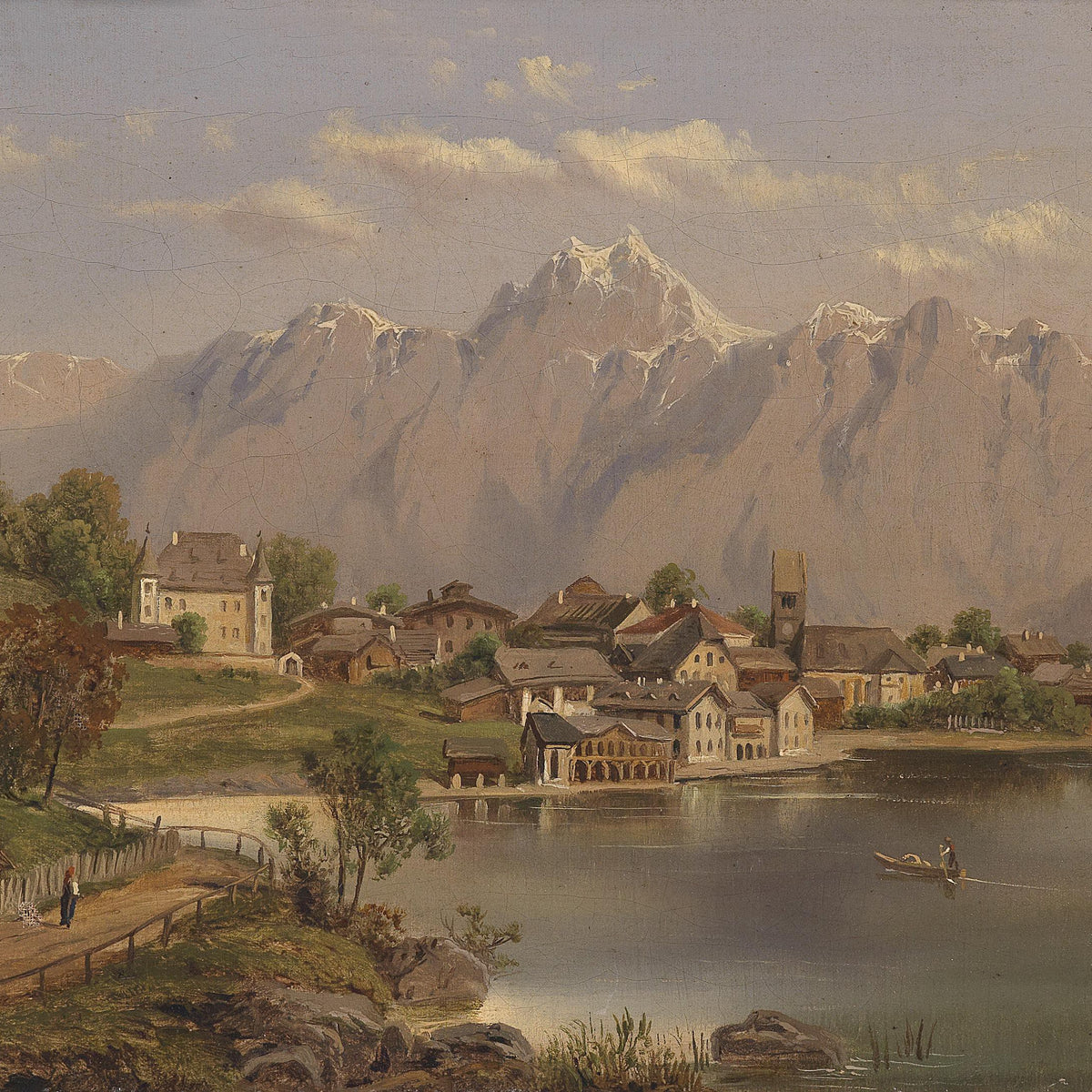 Landscape Oil Painting - Lake Village, Snow Peaks, Rowboat & Church