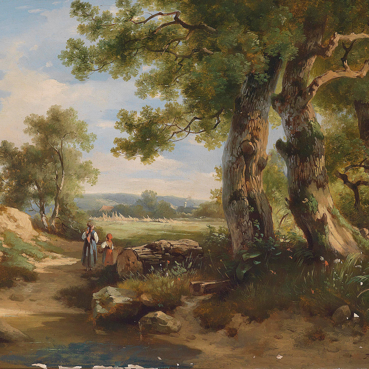 Landscape Oil Painting - Rural Path, Children, Giant Trees & Church